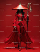 Elegant Woman in Red Dress with Accessories Against Red Background