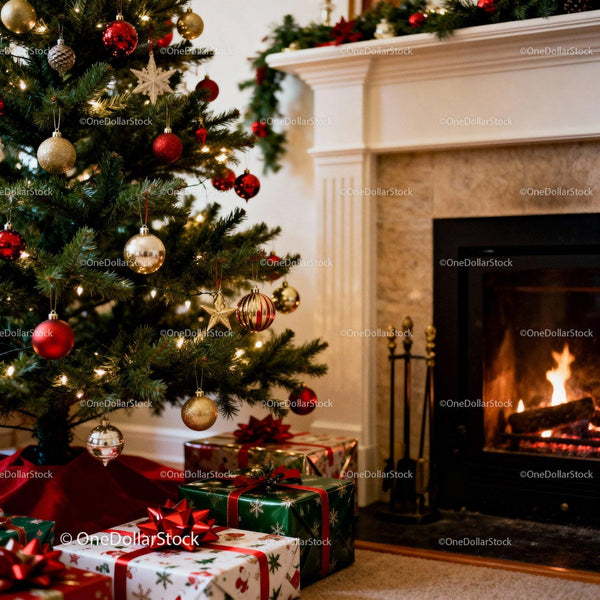 Cozy Christmas tree with gifts near warm fireplace