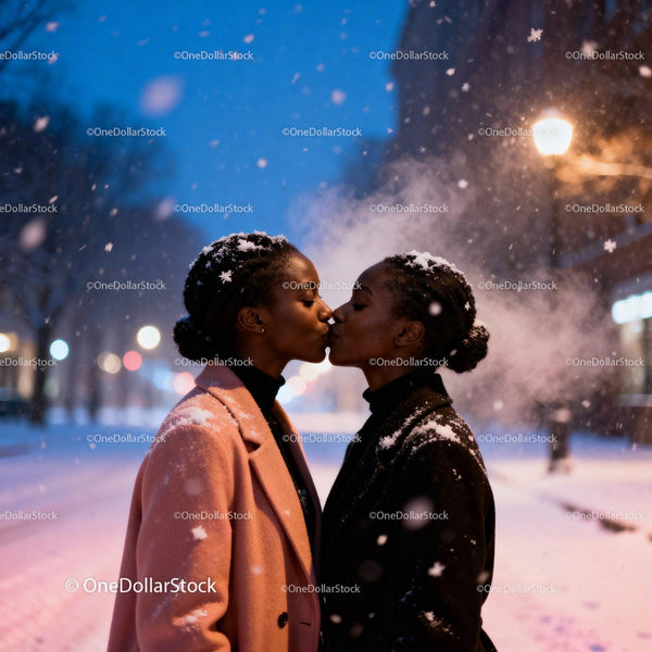 Couple sharing a tender kiss on snowy winter evening