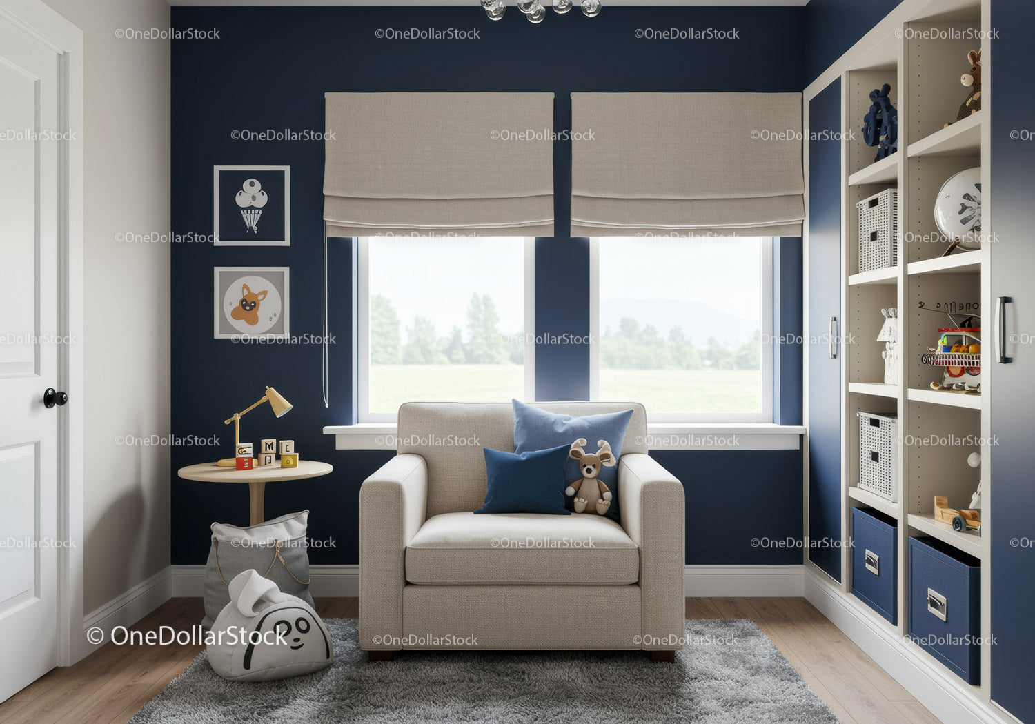 Cozy Kid's Room with Blue Accent Wall and Plush Toys