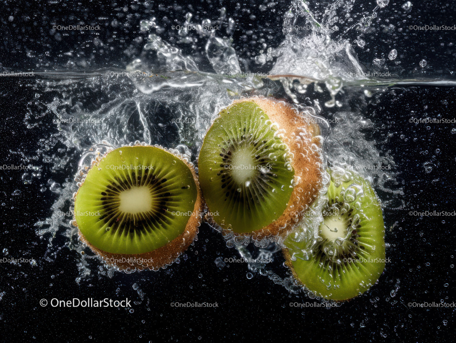 Fresh Kiwi Slices Splashing into Water in Vibrant Underwater Scene