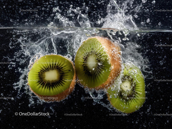 Fresh Kiwi Slices Splashing into Water in Vibrant Underwater Scene