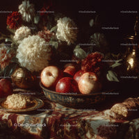 Vivid Autumn Still Life with Apples White Flowers Carnations and Gold Vase
