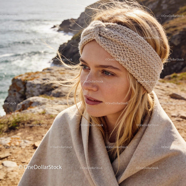 Blonde woman in knitted headband by rocky sea coast