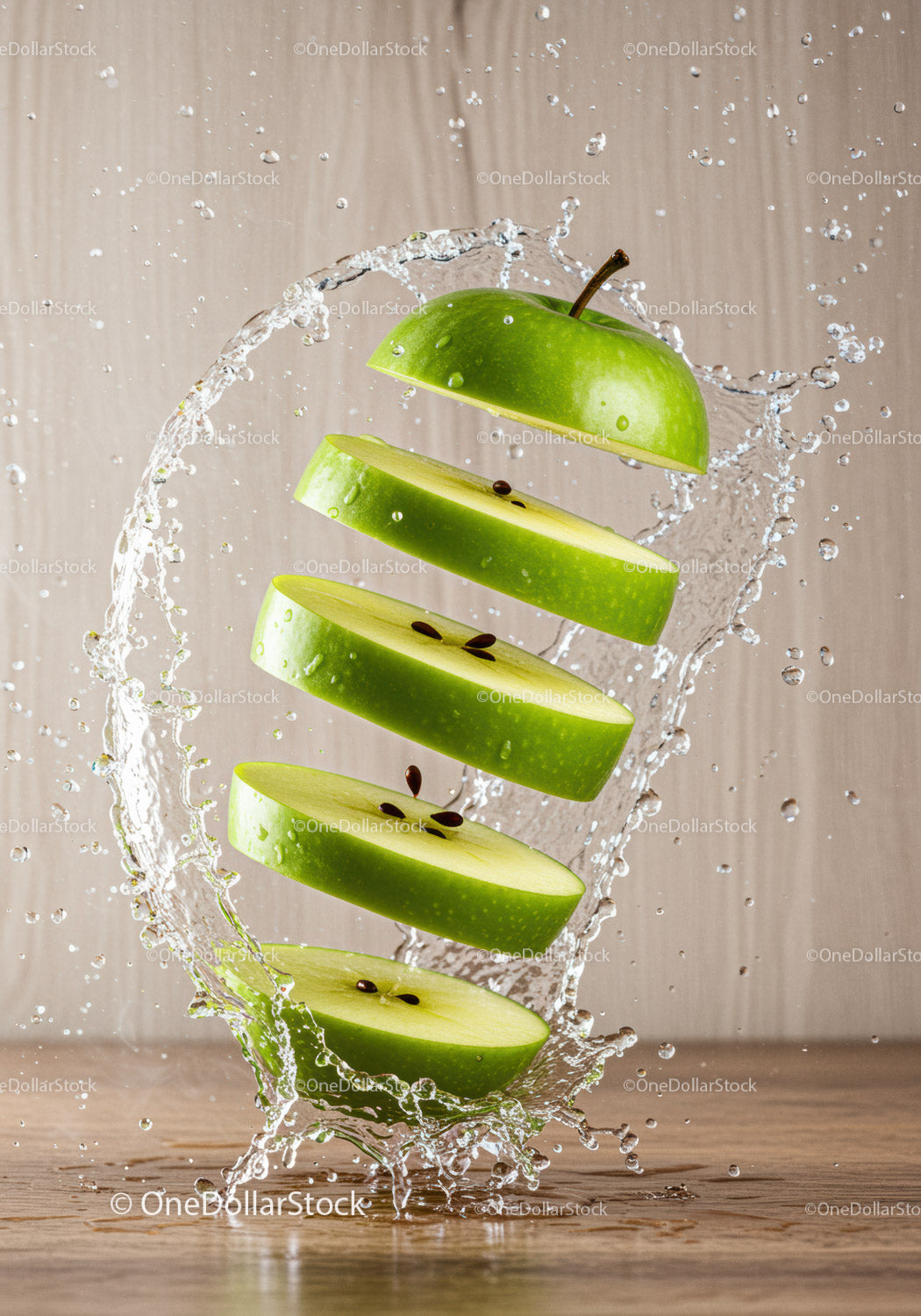 Floating sliced green apple with splashing water