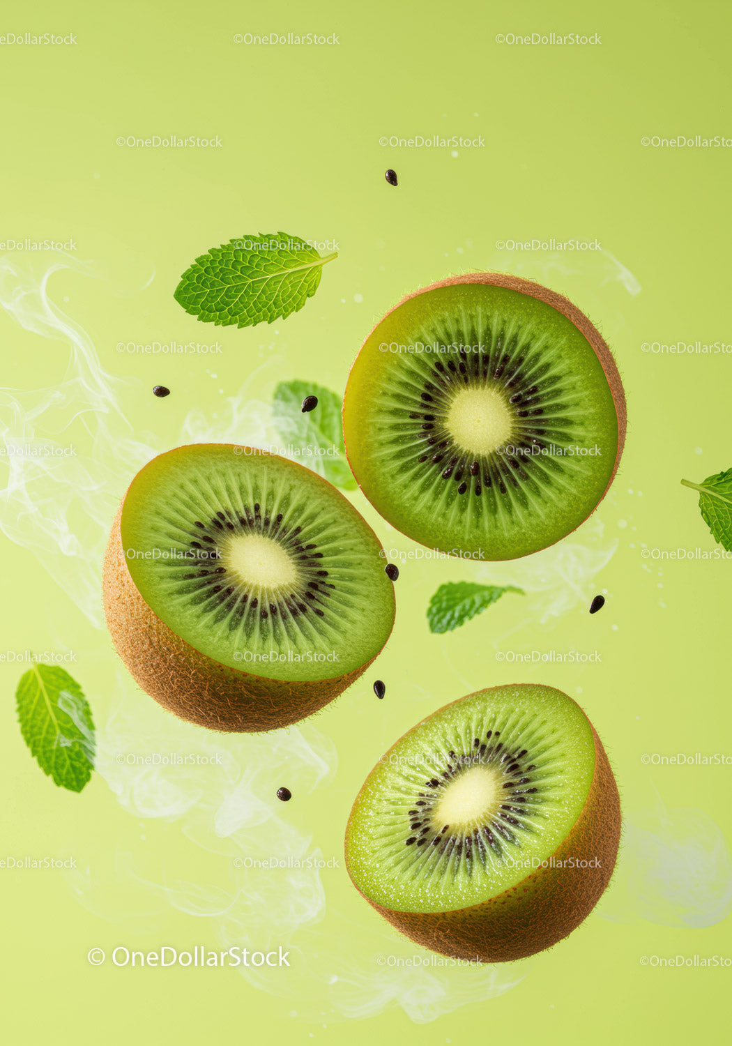 Fresh Kiwi Halves with Floating Mint Leaves