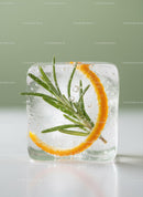 Frozen herb and citrus zest in clear ice cube