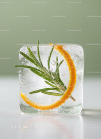 Frozen herb and citrus zest in clear ice cube