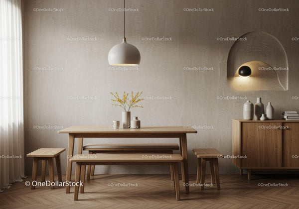 Minimalist dining area with wooden furniture and soft lighting
