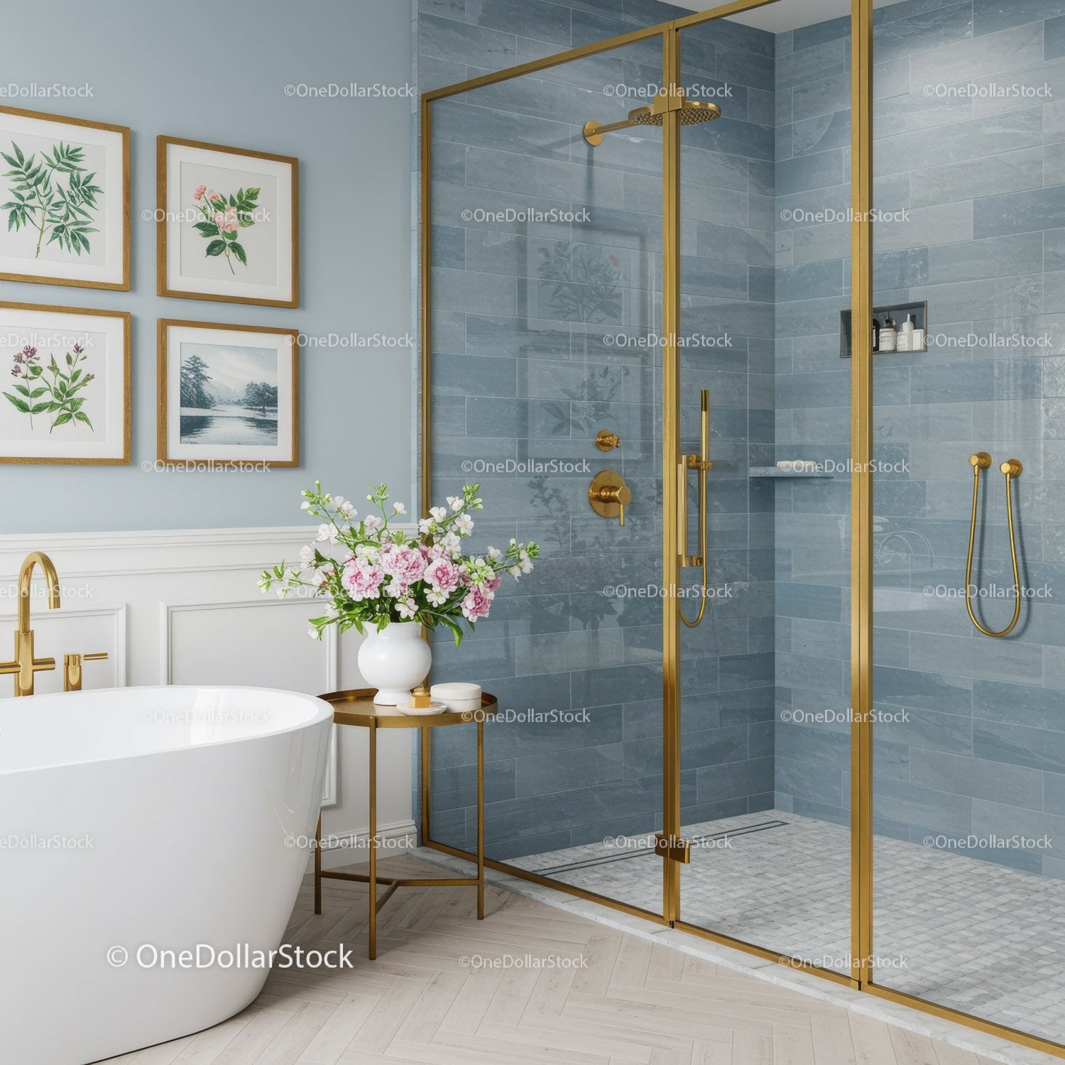 Modern bathroom with gold accents and floral decor