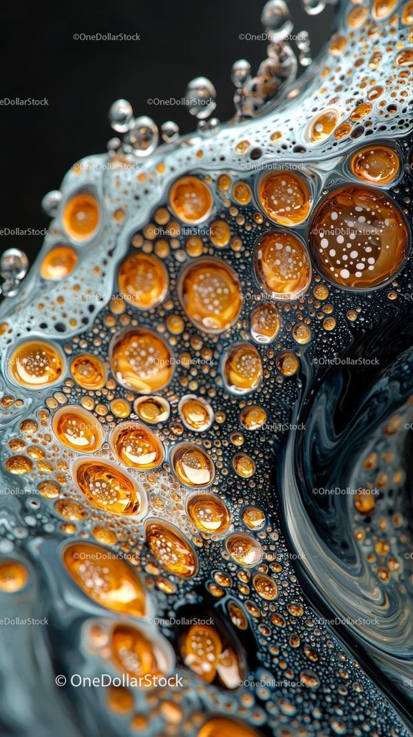 Close-up of Orange Bubbles in Liquid Art with Dynamic Swirls