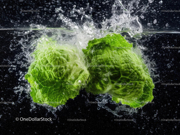Fresh Romaine Lettuce With Water Splash Isolated on Black Background