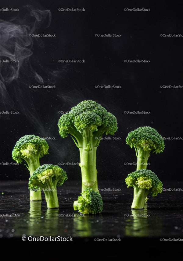 Fresh broccoli florets with rising steam on dark surface