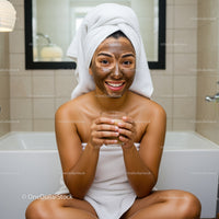 Young Woman with Clay Face Mask Relaxing in Bathroom Spa