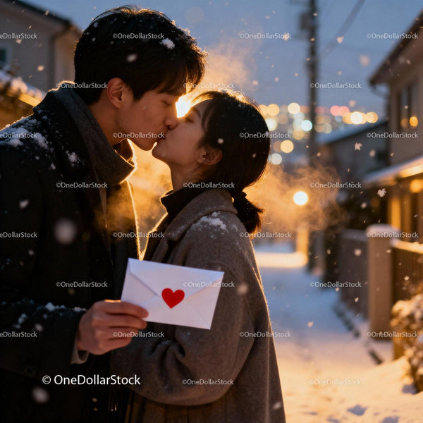 Couple sharing a kiss on a snowy evening with love letter
