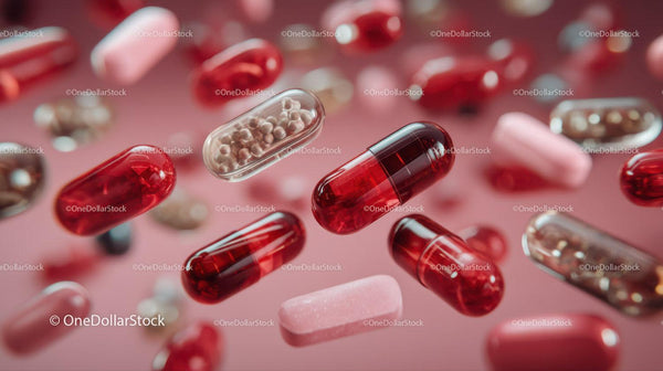 Close-Up of Various Red and Pink Pills and Capsules