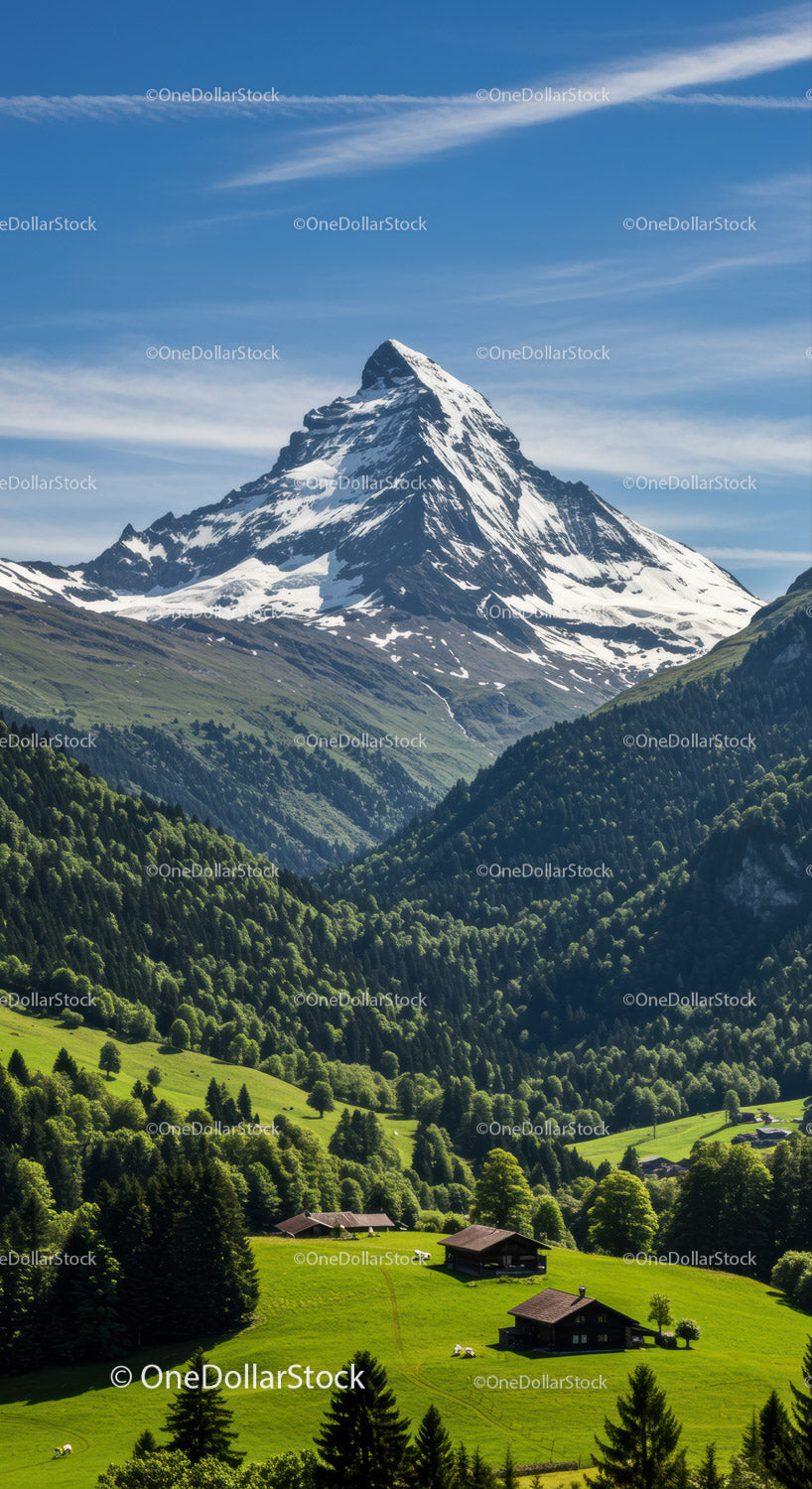 Snow-Capped Mountain Over Green Valley with Wooden Cabins and Blue Sky