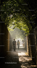 People walking through a sunlit tree-covered pathway