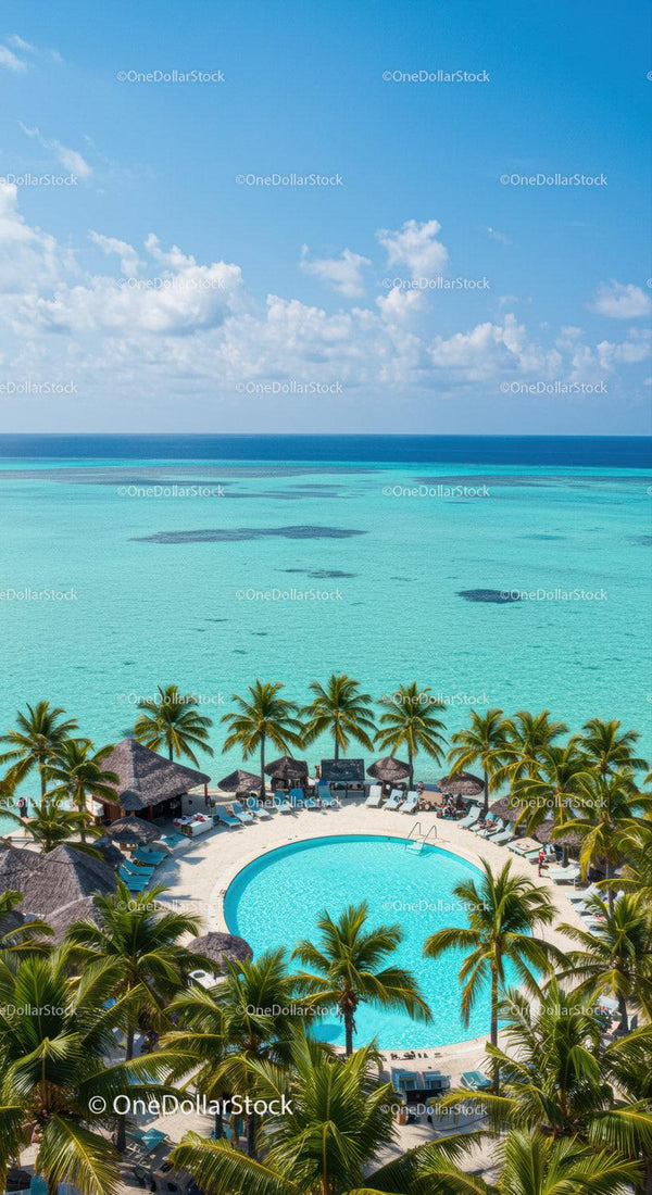 Tropical Island with Pool and Palm Trees Overlooking Turquoise Ocean