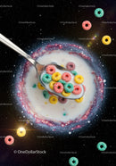 Colorful Cereal in Milk Surrounded by Cosmic Galaxy