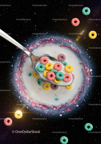 Colorful Cereal in Milk Surrounded by Cosmic Galaxy