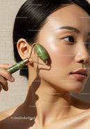 Asian Woman Using Jade Roller for Facial Skincare Treatment