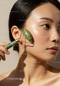 Asian Woman Using Jade Roller for Facial Skincare Treatment