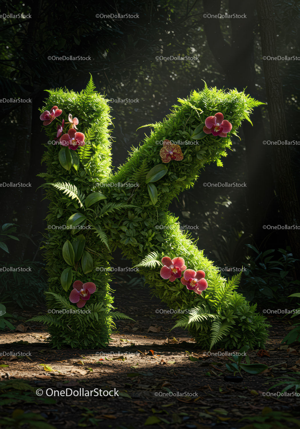 Lush Green Letter K with Vibrant Orchid Flowers in Forest
