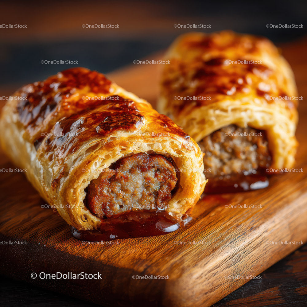 Crispy Pastry Meat Rolls with Juicy Filling on Wooden Board