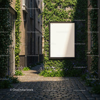 Blank poster on ivy-covered wall in urban alleyway