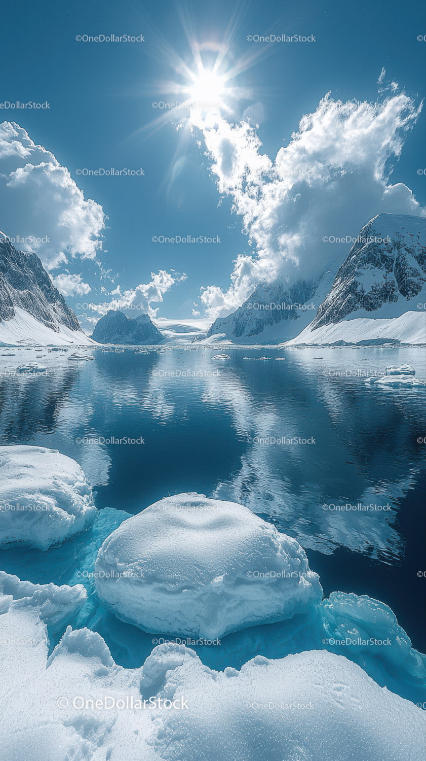 Majestic Glacial Landscape with Snow-Covered Mountains and Blue Sky