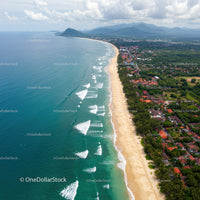 Tropical Beach with Ocean Waves and Mountainous Background