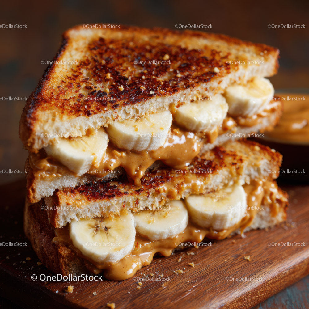 Banana and Peanut Butter Toast Sandwich on Wooden Board