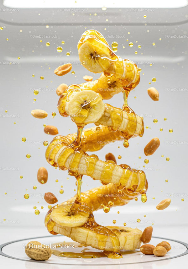 Banana slices drizzled with honey and floating peanuts