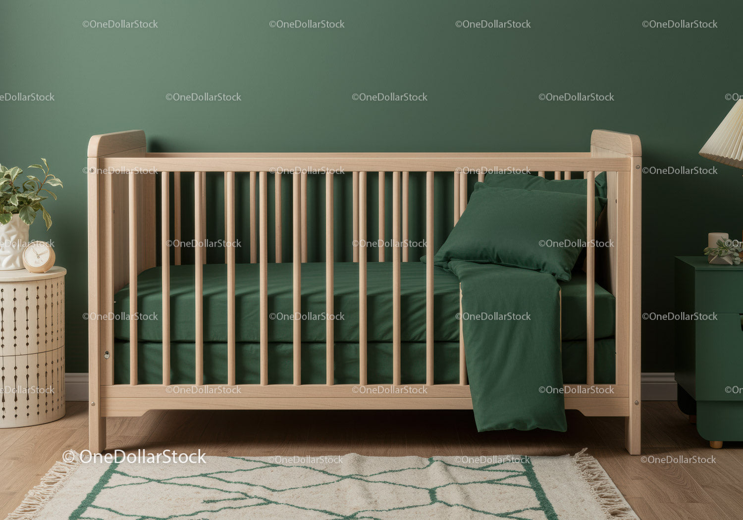 Modern Wooden Crib with Green Bedding in Peaceful Nursery Bedroom