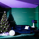 Modern living room with decorated Christmas tree and blue sofa