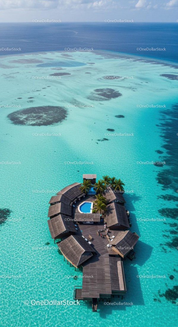 Overwater Bungalow Surrounded by Clear Turquoise Water and Palm Trees