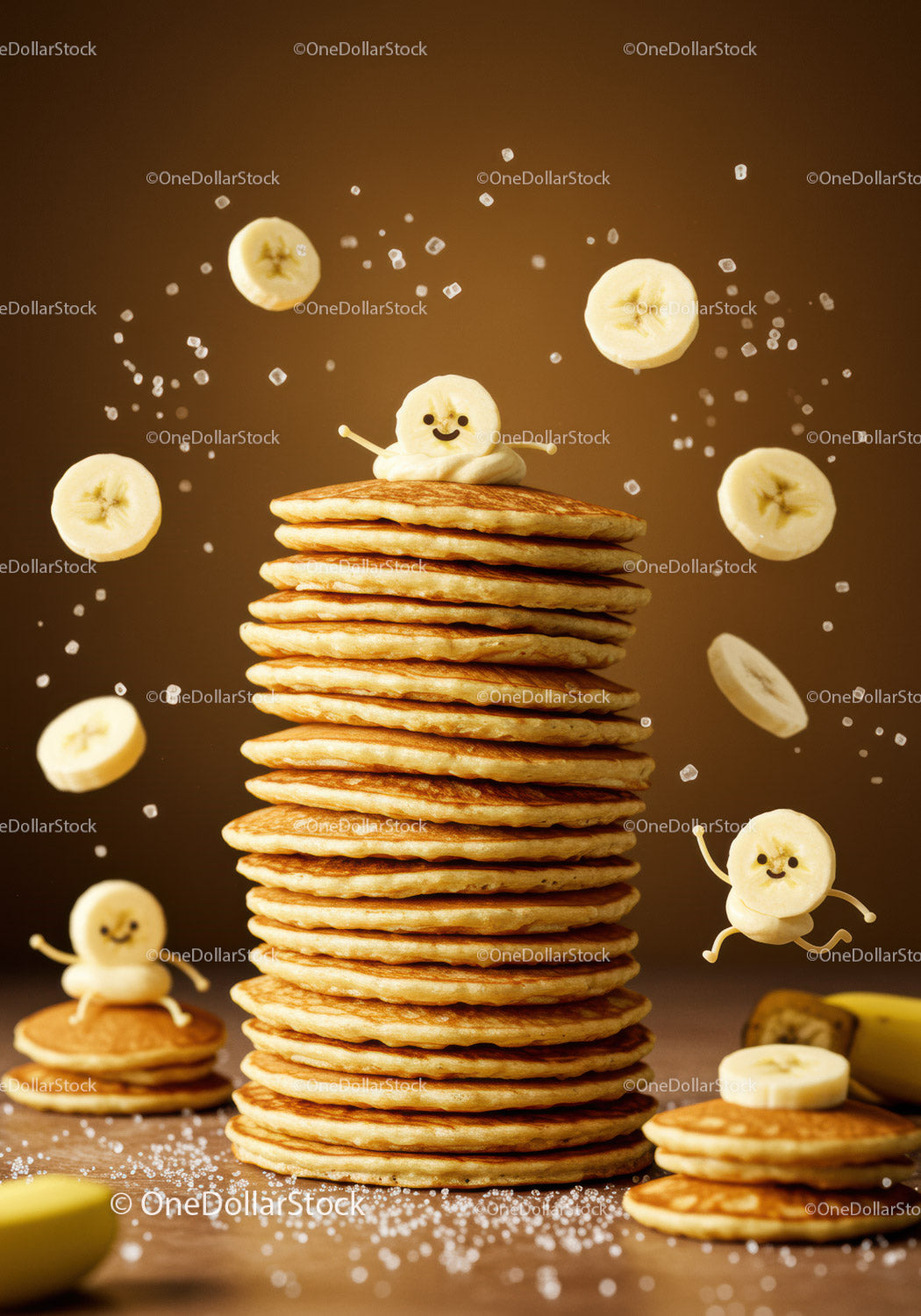Stack of fluffy pancakes with playful banana slices