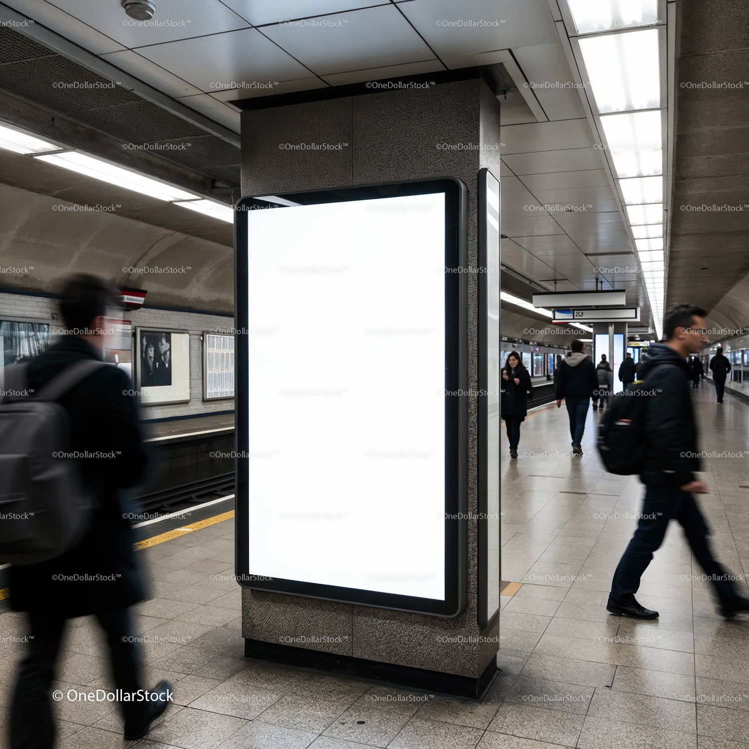 Busy subway platform with empty vertical billboard display