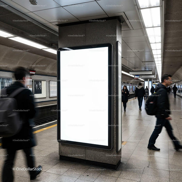 Busy subway platform with empty vertical billboard display JPG Mockup Image