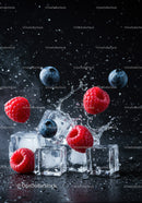 Fresh raspberries and blueberries with ice cubes splash