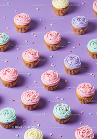 Assorted Colorful Cupcakes on Purple Background with Sprinkles