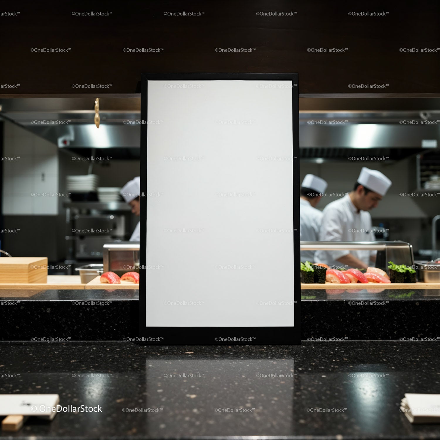 Blank menu board in sushi restaurant with chefs cooking
