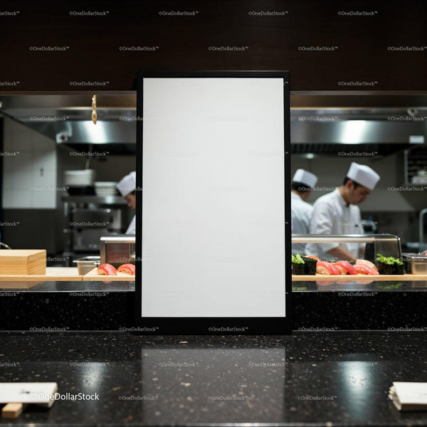 Blank menu board in sushi restaurant with chefs cooking JPG Mockup Image