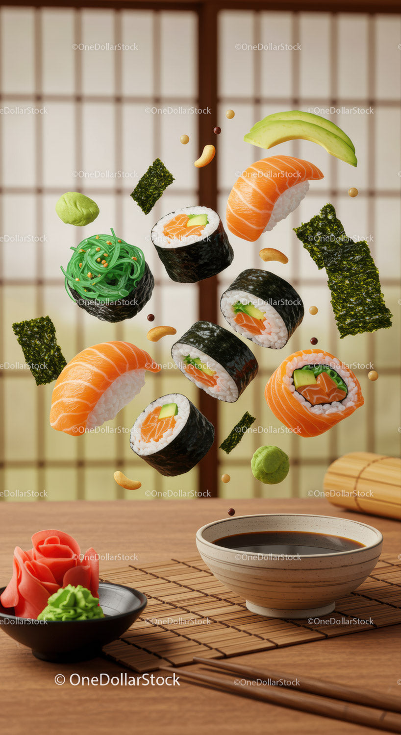 Różne rolki sushi z łososiem unoszące się nad sosem sojowym