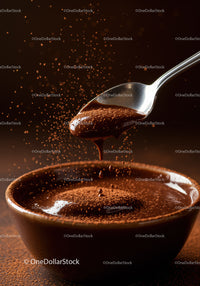 Rich molten chocolate pouring from spoon into bowl