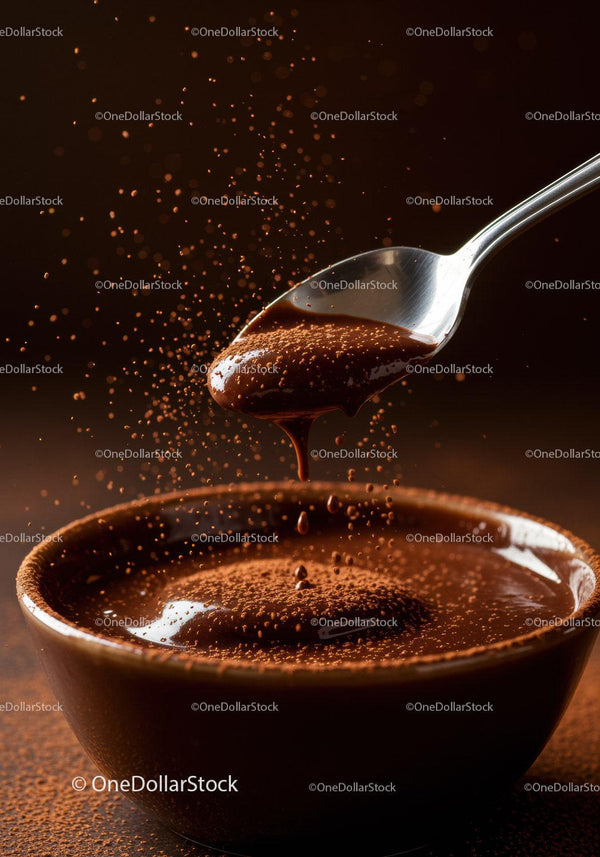 Rich molten chocolate pouring from spoon into bowl