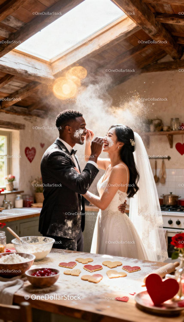 Joyful newlyweds playfully baking heart cookies together
