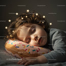 Peaceful child sleeping on colorful donut pillow