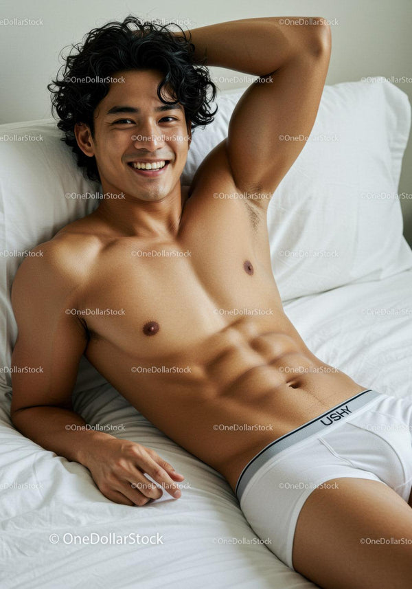 Smiling young man relaxing shirtless on white bed